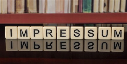 The word in the IMPRINT written with letter cubes in front of a bookshelf