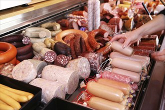 Sausage counter in a butcher's shop