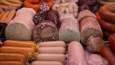 Sausage counter in a butcher's shop