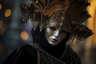 A person adorned in a richly detailed mask and costume, capturing the essence of the Venice