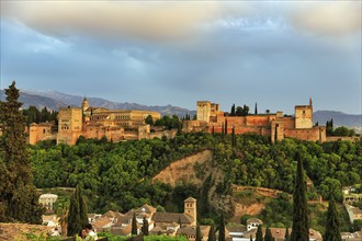 Alhambra on the Sabikah hill at sunset, Moorish city castle, Nasrid palaces, Sierra Nevada with