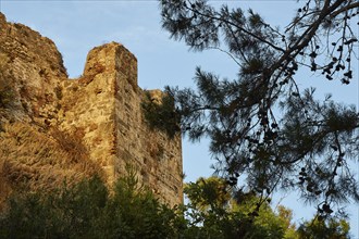 The ruins of an old castle wall surrounded by trees in the evening light, Koroni, Byzantine