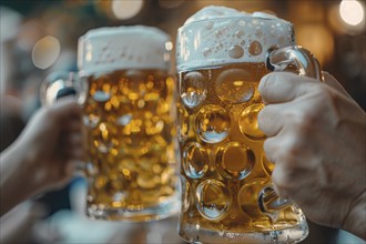 Close up of two large beer mugs clinking. Generative Ai, AI generated