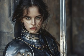 Woman in armor with sword. Generative Ai, AI generated