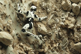 Robot fallen among small particles of waste, pieces of eroded rocks, remains of animal skeletons