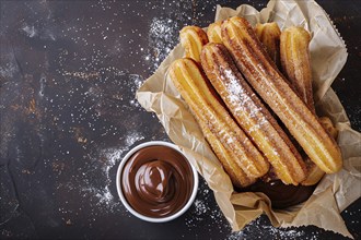 Top view of Churros with chocolate sauce. A fried dough dessert from Spanish and Portuguese cuisine