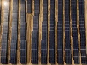 Top down aerial view of a photovoltaic plant arranged in symmetric rows, AI generated