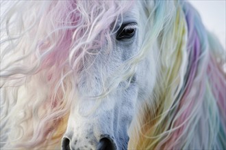 Portrait of white horse with rainbow colored mane. Generative Ai, AI generated