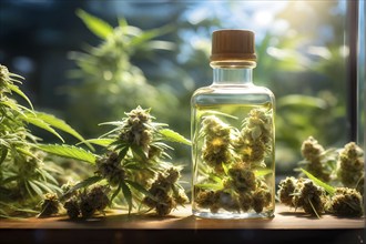 Glass jar filled with dried cannabis buds and oil on a weathered wooden counter, AI generated