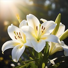 Blooming Easter lilies with soft white petals and a yellow center, bathed in gentle sunlight, AI