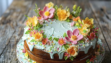 Decorated Easter cake with intricate icing flowers and colorful sprinkles, placed on a rustic