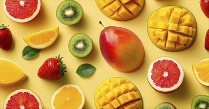 Colorful and artfully arranged slices of fruits like mangoes, strawberries, and kiwi, AI generated