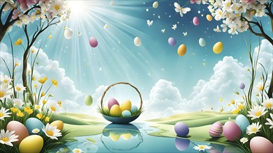 Surreal Easter scene with floating eggs, ribbons, and flowers in a dreamlike, whimsical composition