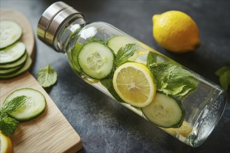 Bottle with cucumber and lemon slices and mint detox drink. Generative Ai, AI generated