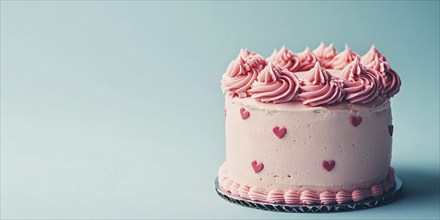 Pink cream cake with hearts on pastel blue background with copy space. Generative Ai, AI generated