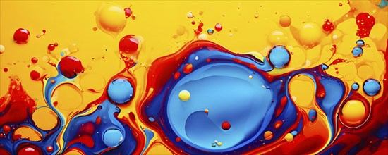 Abstract image with vibrant blue and red blobs and liquid shapes on a yellow background, AI