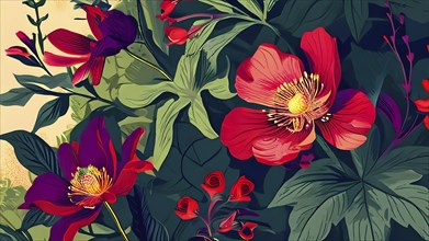 Illustration background of lush floral pattern with vivid flowers and leaves, AI generated