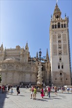 Gothic cathedral with high tower and lively square on a sunny day, Seville