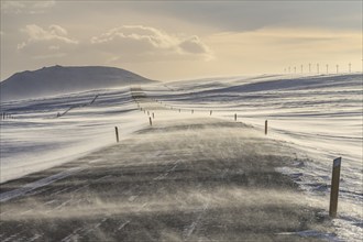 Lonely and dangerous road in a snowstorm, windy, sunny, backlight, Myvatn, Iceland, Europe