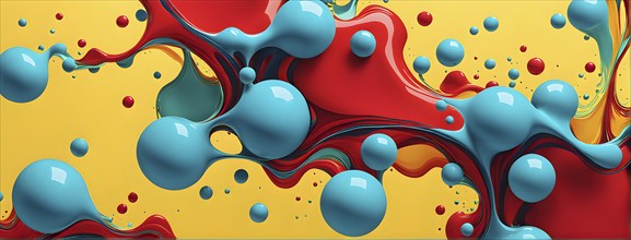 Abstract image with vibrant blue and red blobs and liquid shapes on a yellow background, AI