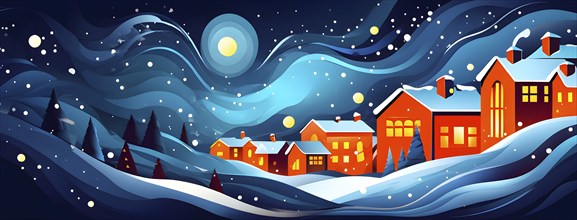 Cozy winter night scene with abstract forms representing a snow-covered village, AI generated