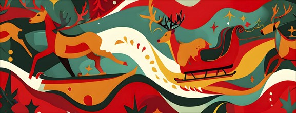 Whimsical abstract scene with stylized reindeer and sleighs to capture the magic of Christmas, AI