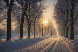 Snow covered tree avenue in warm golden evening light, AI generated