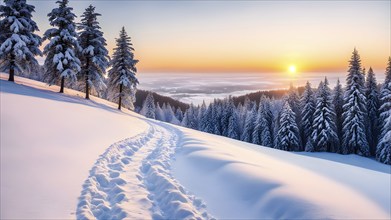 Footprints in fresh snow on a hill with a row of trees in winter in golden sunrise light, AI