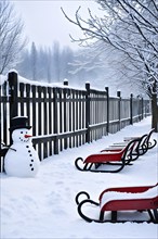 Rustic wooden sleds with frost covered branches and a snowman in the background, AI generated