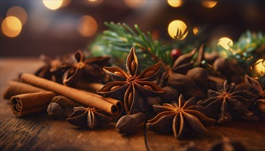 Christmas spices like cinnamon sticks, star anise, and cloves arranged on a wooden table, with soft