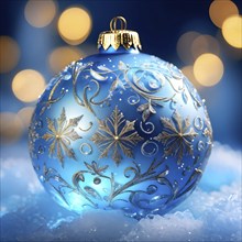 Close up of a blue frosted Christmas ornament, detailed with tiny ice crystals, delicate carvings,