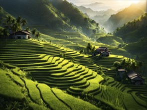 Early morning light bathes Philippines rice terraces cascading down mountain slopes, AI generated