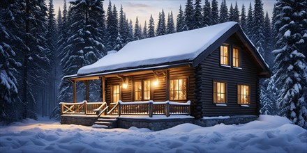 Peaceful winter cabin in the woods, with smoke rising from the chimney, AI generated