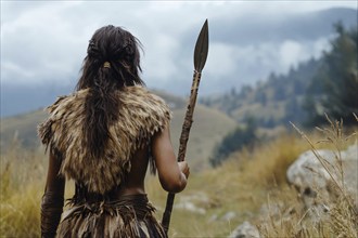 Prehistoric woman in furs hunting with spear. Generative Ai, AI generated