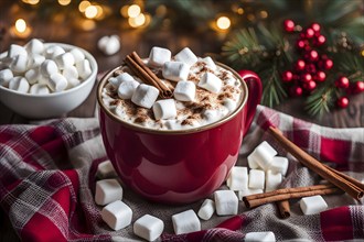 A close-up of a steaming cup of hot cocoa topped with marshmallows, surrounded by cinnamon sticks,