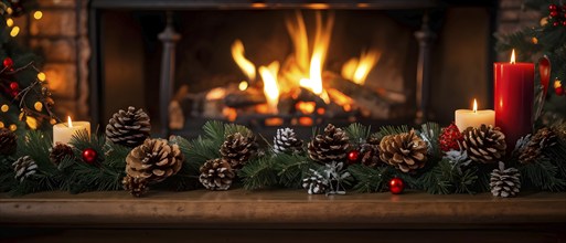 A cozy fireplace mantle decorated with pine cones, garlands, and lit candles, with a close-up focus