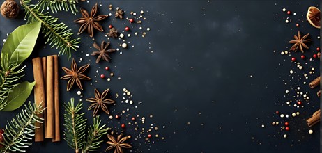 Abstract wallpaper illustration of Christmas spices like cinnamon sticks, star anise, and cloves,