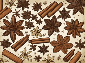 Abstract wallpaper illustration of Christmas spices like cinnamon sticks, star anise, and cloves,