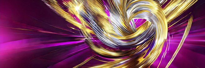 Abstract Illustration of energetic and dynamic swirl of gold, silver, and deep magenta hues,