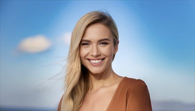 Attractive blonde woman with beautiful teeth, make up, studio, AI generated