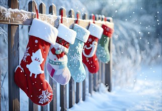 Row of Christmas stockings hanging from a snow-covered wooden fence, with delicate frost patterns