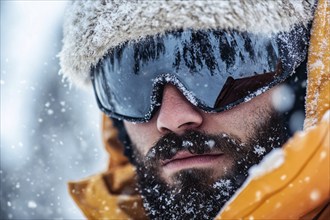 Close up of man's face with large skiing sunglasses and hat in winter. Generative Ai, AI generated