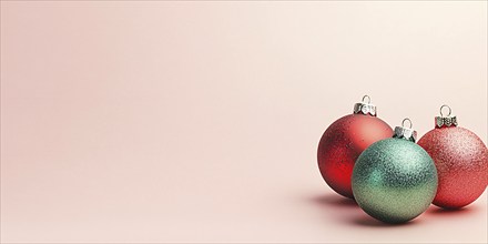 Christmas banner with green and red bauble ornaments on pink background with copy space. Generative