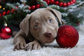 Cute dog puppy with red Christmas tree bauble. Generative AI, AI generated