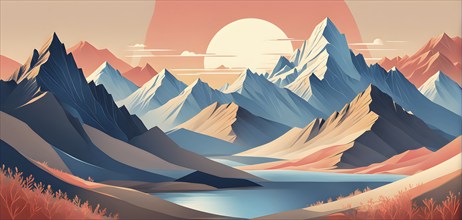 Minimalist landscape with stylized mountains and a setting sun, represented by simple geometric