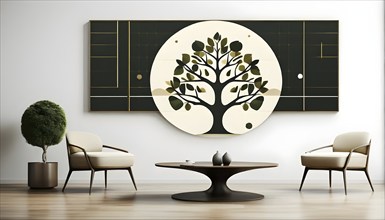 Abstract geometric tree with a circular canopy and a rectangular trunk, arranged in a clean,