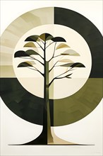 Abstract geometric tree with a circular canopy and a rectangular trunk, arranged in a clean,