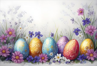 Abstract illustration of of vibrant-colored Easter eggs, surrounded by delicate spring flowers, AI