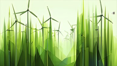 Abstract illustration of a forest with tall, geometric trees made of wind turbine blades, merging