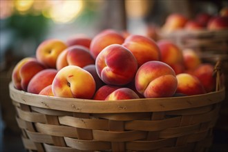 Basket full of peaches at farmer's market. KI generiert, generiert AI generated